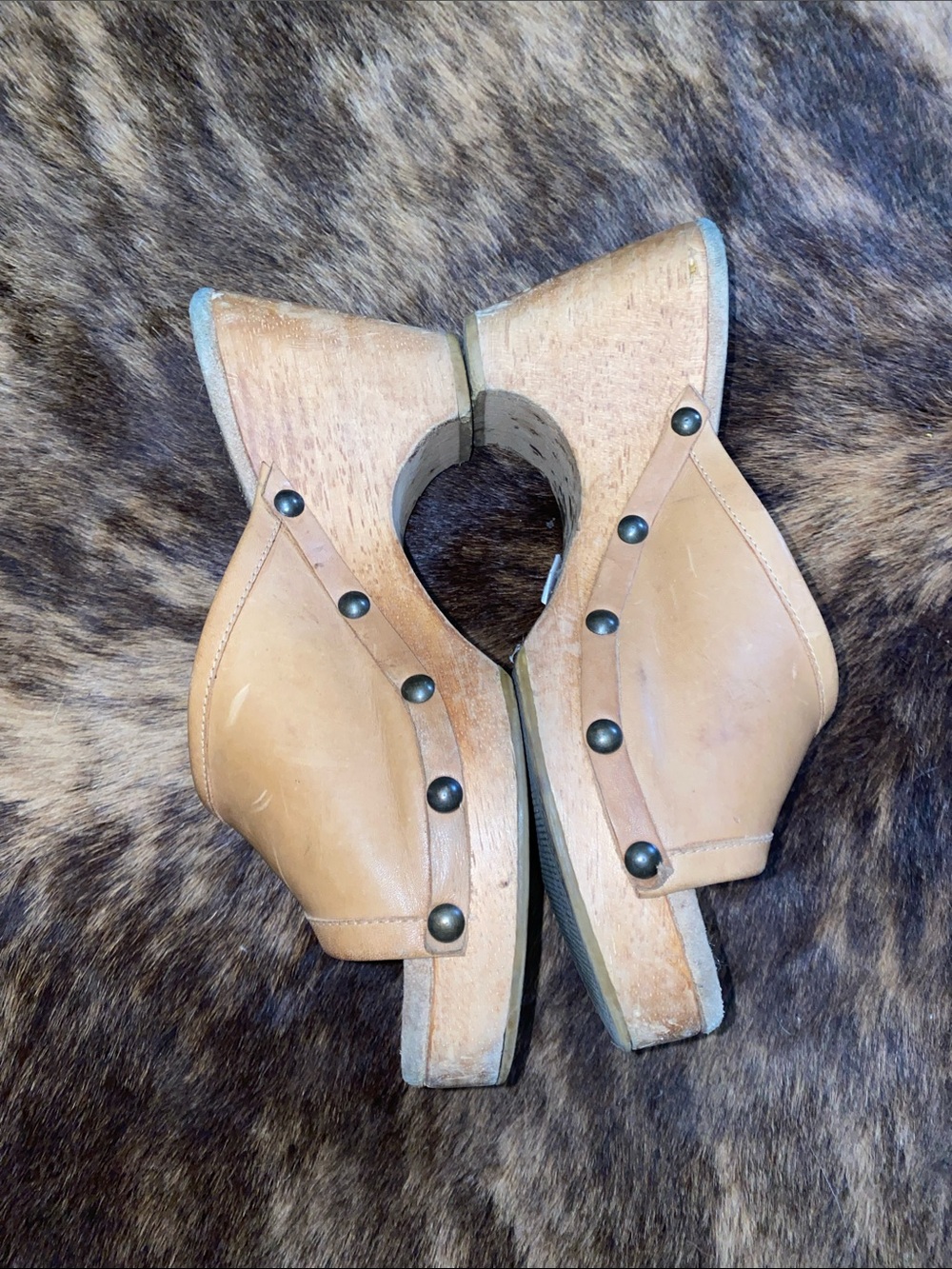 Candie's Tan Leather Studded Clog Wedge Slides